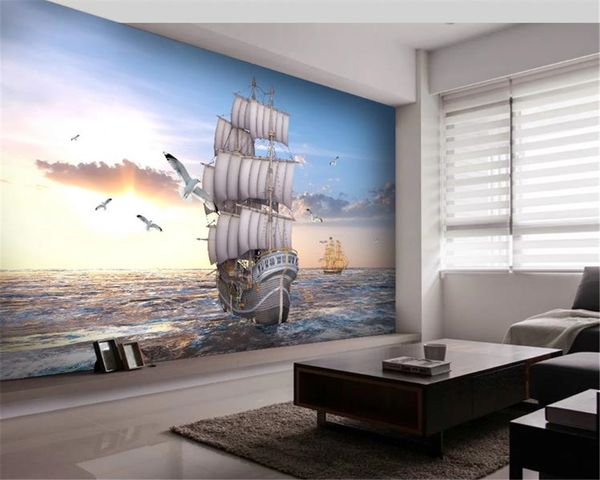 Personalizado 3D Wallpaper European High Definition Suave Vela Mar Sunrise Pintura de paisagem Decoração Wallpaper