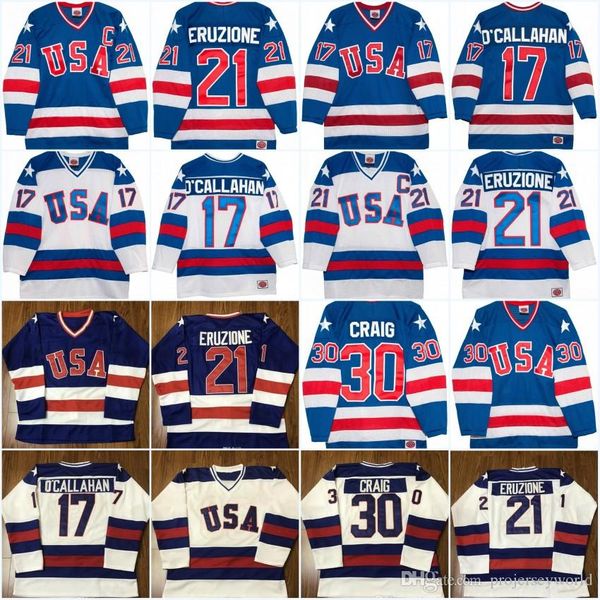 

21 Mike Eruzione 1980 Olympic Team USA Hockey Jerseys 17 Jack O'Callahan 30 Jim Craig USA Miracle On Alternate Year Vintage Jersey
