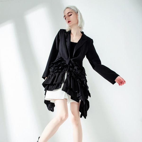 

high street patchwork irregular ruffle blazers long solid black women autumn jackets personality designer slim outerwear coats, White;black