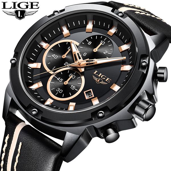 

lige men watches fashion chronograph male quartz watch men leather waterproof sport clock relogio masculino+box, Slivery;brown