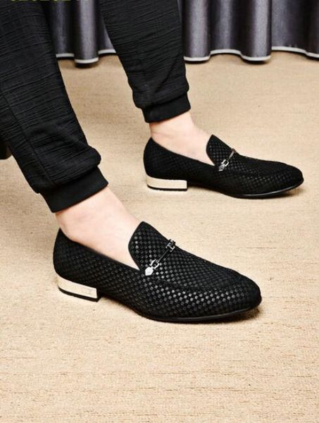 

handmade suede leather men dress shoes metal chain buckles plaid designer mens wedding shoe zapatos 38-45, Black