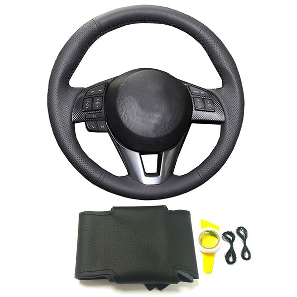 

ручной работы черный натуральная кожа оплетка крышка рулевого колеса для 3 axela для 6 atenza cx4 cx5 cx-5 аксессуары