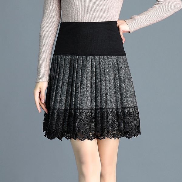 

2020 spring new woolen pleated skirt women korean lace stitching elastic knit a line skirt plus size black gray mini skirts