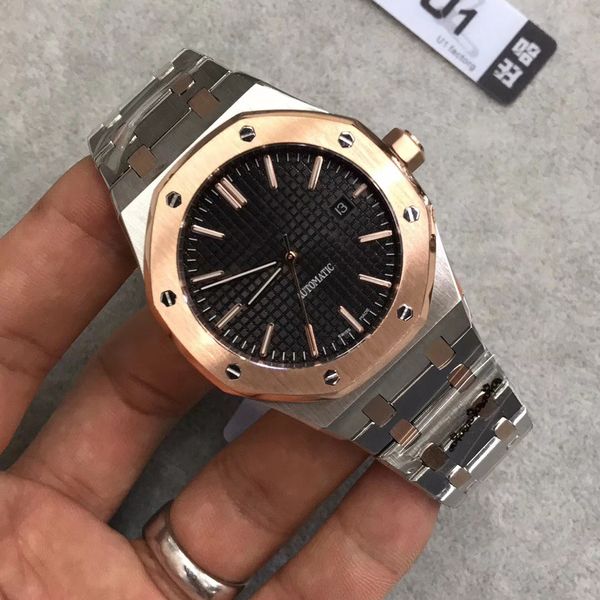 

3a + u1 factory automatic movement 42mm sapphire black date royal oak men back cover transparent glass wristwatch ing, Slivery;brown