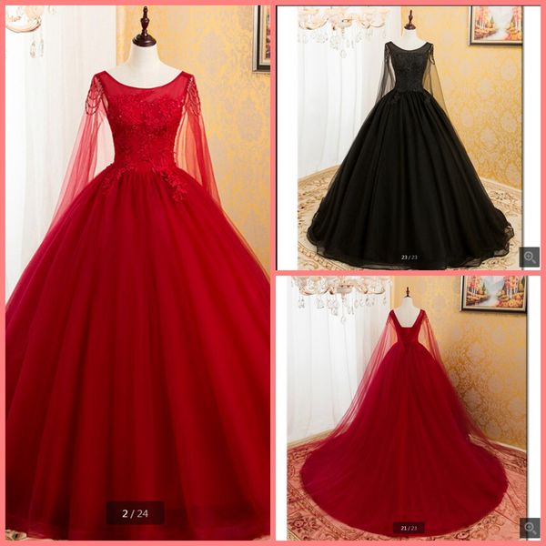 

2019 wine lace appliques ball gown princess prom dress scoop neckline with cape modest beaded pearls prom gowns on sale, Black