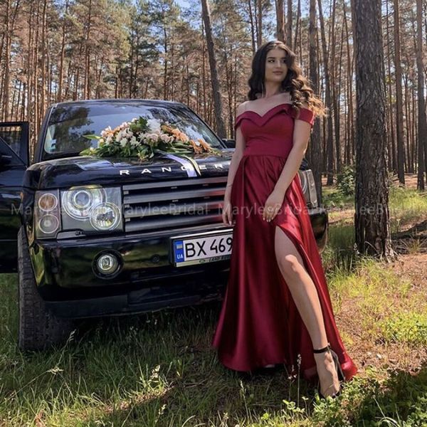 

off shoulder long evening dresses a-line high slit vestidos de festa longo burgundy satin 2020 new simple robe de soiree cheap, White;black