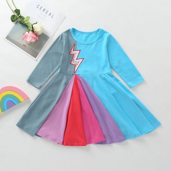 

girls dress 100% cotton children's clothes girls long sleeve unicorn dress spring and autumn embroidered pocket rainbow sleeve, Red;yellow