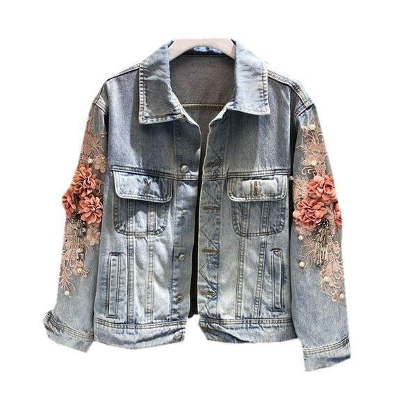 

2018 autumn women embroidered three-dimensional flower short wash long-sleeved denim jacket light blue female jean coat 1833, Black;brown