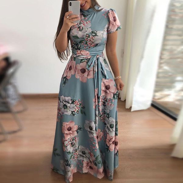 

dress fashion women o-neck floral printed short sleeve dress empire sashes casual bandage women long, Black;gray