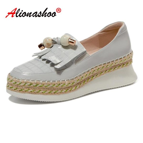 

2020 spring new thick sole brogues women's genuine leather wedge platform slip-on oxfords round toe british style female shoes, Black