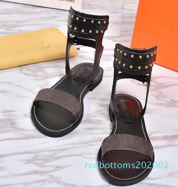 

2018 newluxury brand print leather sandal striking gladiator style designer leather outsole perfect flat canvas plain sandal size35-42 r11, Black