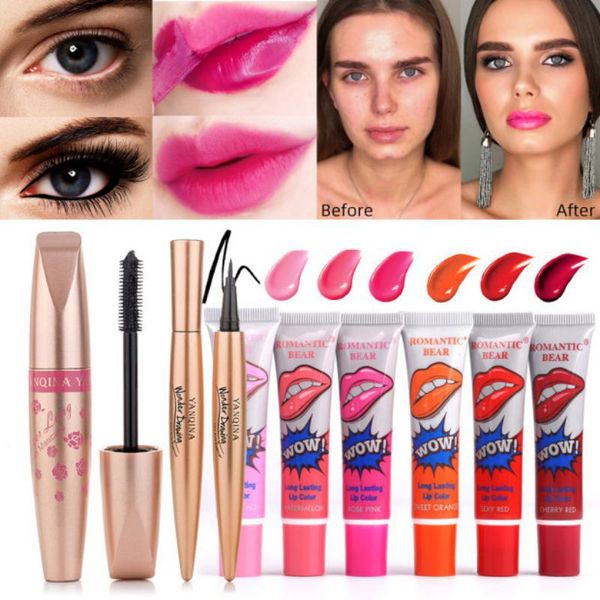 

мода макияж установить водонепроницаемый отрывной блеск для губ тушь liquid eyeliner long lasting smudge-proof косметический набор