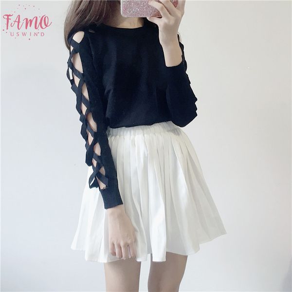 

fashion tee shirt woman clothes korean style harajuku personality cross hollow solid sleeve t shirt women basic tshirt, White