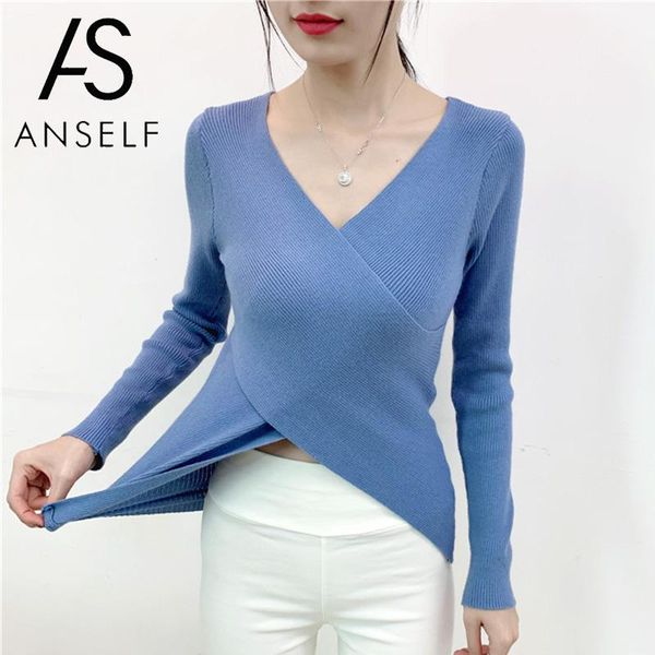 

women knitted sweater solid v-neck long sleeve knitted 2019 autumn winter cross knitting basic tunic female jumper knitwear, White;black