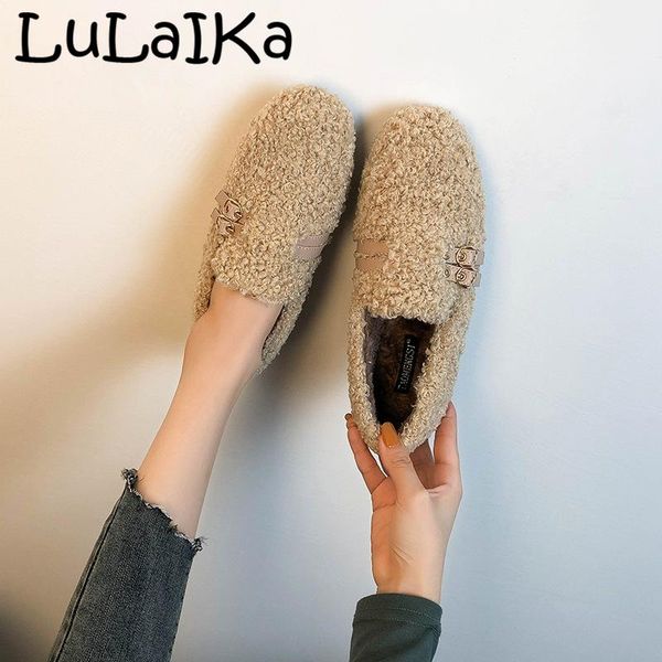 

2020 winter new ladies fashion wild belt metal buckle lamb wool plus velvet thick bottom lazy one pedal ultra warm wool shoes, Black