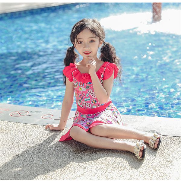 

naidey cartoon printed kids one piece suit 2019 new children cute flounce swimwear 2-12 year girl swimsuit bathing suit, White