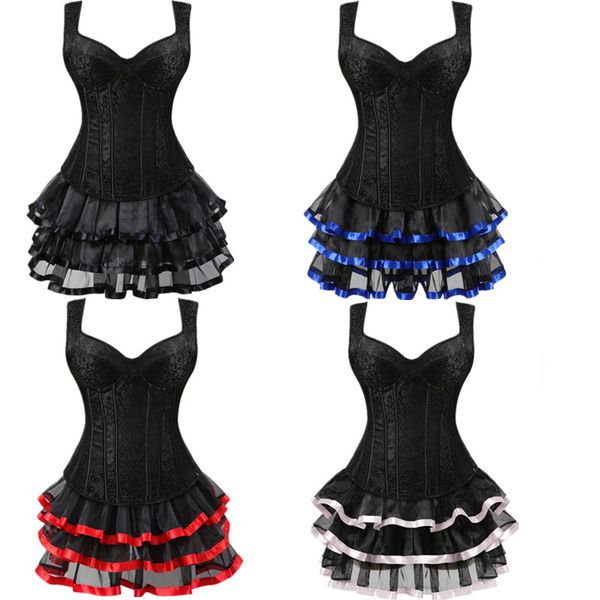 

women's steampunk corset dress satin jacquard gothic shoulder straps zipper side overbust bustier corset and skirt s-6xl, Black;white