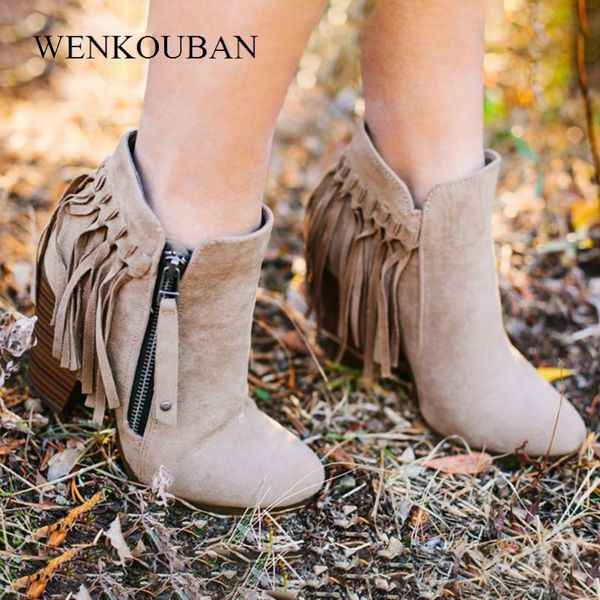 

women boots flock ankle boots autumn and winte square heel leather tassel pointed toe fringe zipper botas mujer invierno, Black