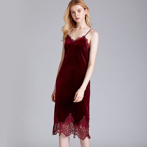 

women's sleepwear 2021 burgundy velvet nightgown women slip knee-length sleep dress lace halter nightwear nighty homewear, Black;red