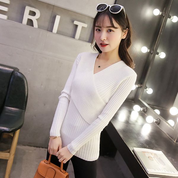 

women sweater pullover autumn winter korea casual women knitted slim pullovers long sleeve v-neck female basic top, White;black