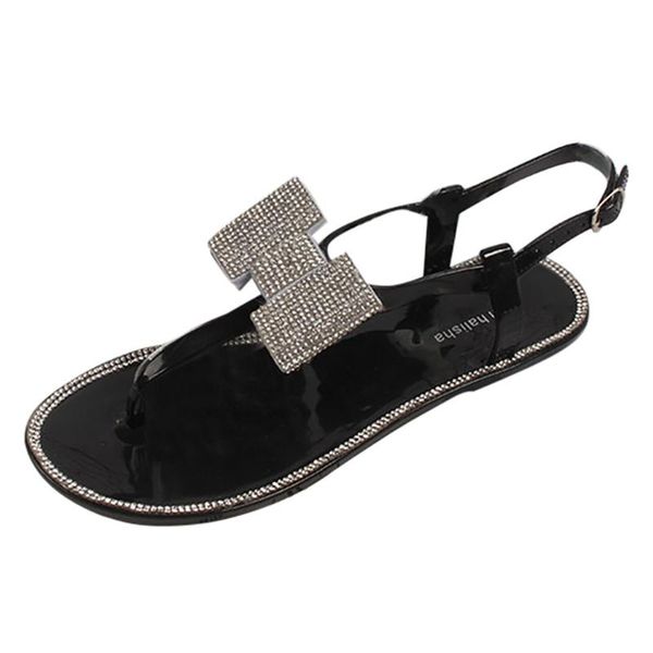 

sandals beach summer women's flip-flop boho flat 2021 women rhinestone bow anti-slip, Black