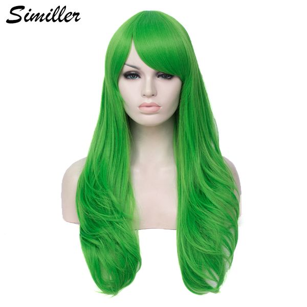 

similler high temperature fiber women long synthetic wigs for cosplay green wavy hair with bangs, Black