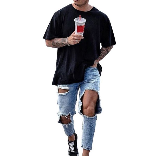

heflashornew men distressed destroyed ripped loose fit stretch holed jeans fashion ankle zipper skinny jeans for male plus size, Blue