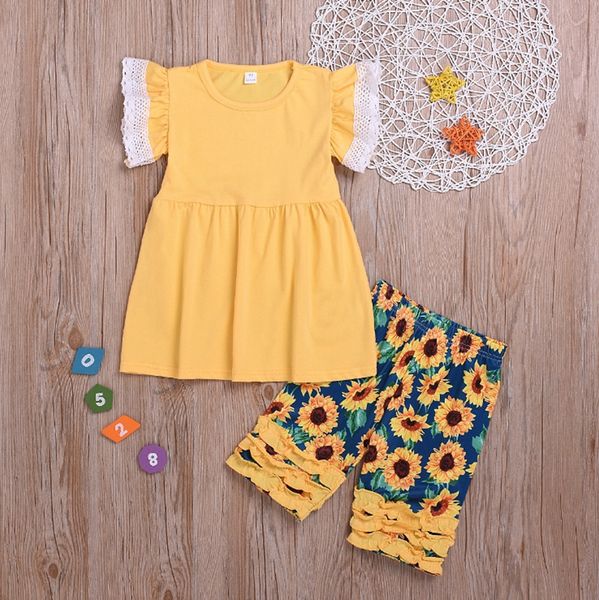 Kinder-Designerkleidung für Mädchen Fliegen Hülsen-Kleider Sunflower Hosen 2PCs Sets Spitzenkleid kräuselte Shorts Kinderkleidung Sets Großhandel DHW3222