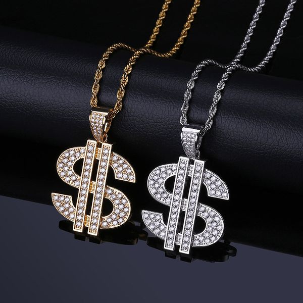 Männer Frauen Hip Hop Halskette Gold Silber Farbe CZ Dollar $ Anhänger Halskette mit 24 Zoll Seilkette für Männer Frauen
