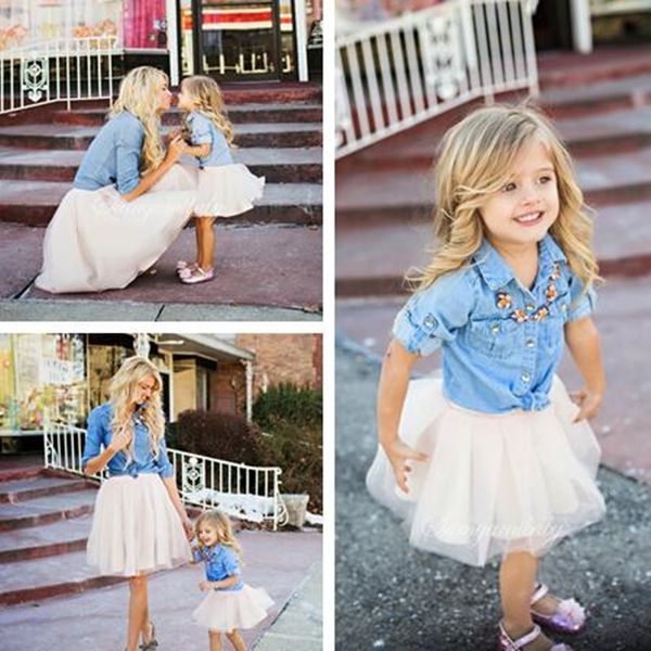 

mother daughter dresses sets family matching parent-child baby girls princess denim shirt tutu skirt suit cowboy coat + gauze skirt e21905, White