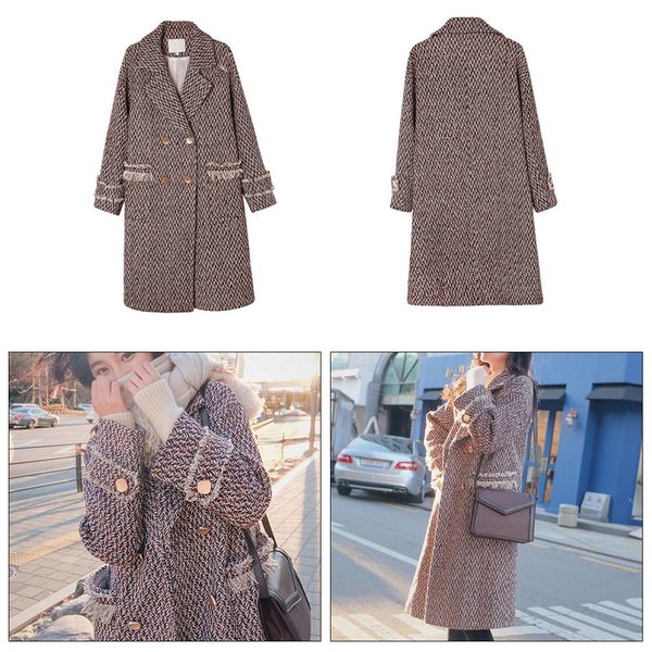 

long wool blend lady autumn winter long woollen coat casual tassel oversize coat elegant temperament leisure double breasted, Black