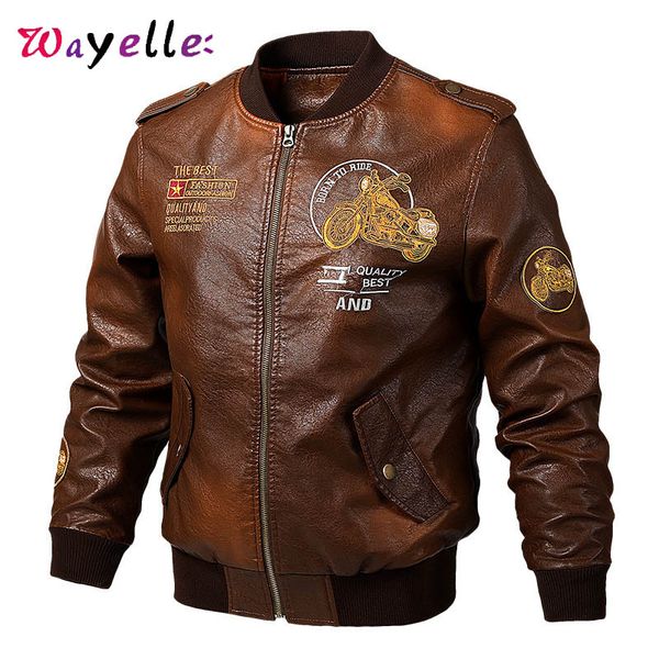 

embroidery moto & biker pu leather jackets men 2019 fall winter faux leather coat men fashion zipper o-neck bomber jacket 5xl, Black