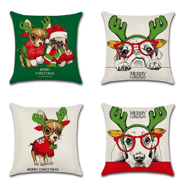 Merry Christmas Home Pillow Case Deer Antler Puppy Pillow Covers