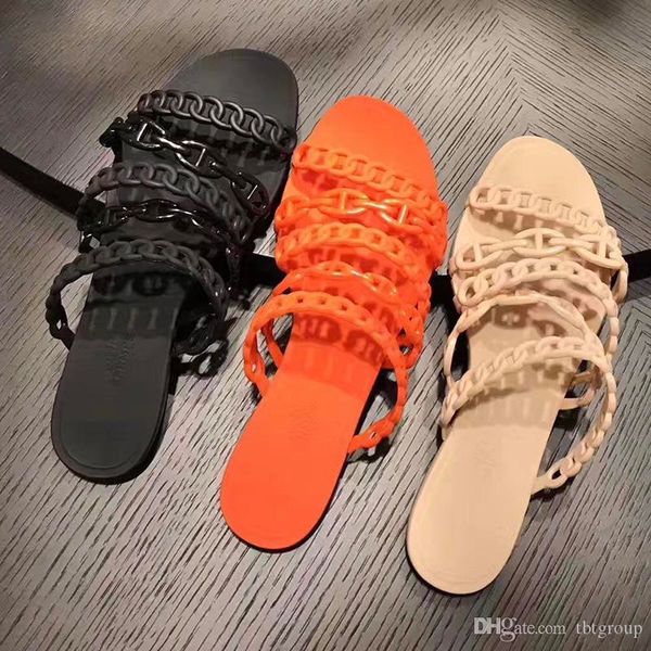 

woman designer sandals chaine d'ancre chain design slippers jelly rubber chaine rivage sandals beach flip flops 7ccolor, Black
