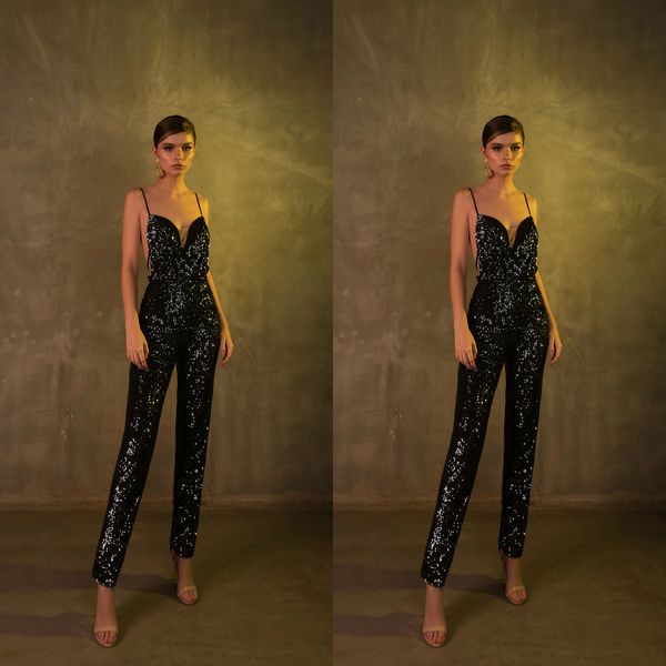 Berta Black Sequined Prompsuits Prompare Sexy Spaghetti Neck vestidos de fiesta Длина пола дешевые вечерние платья формальные женские брюки