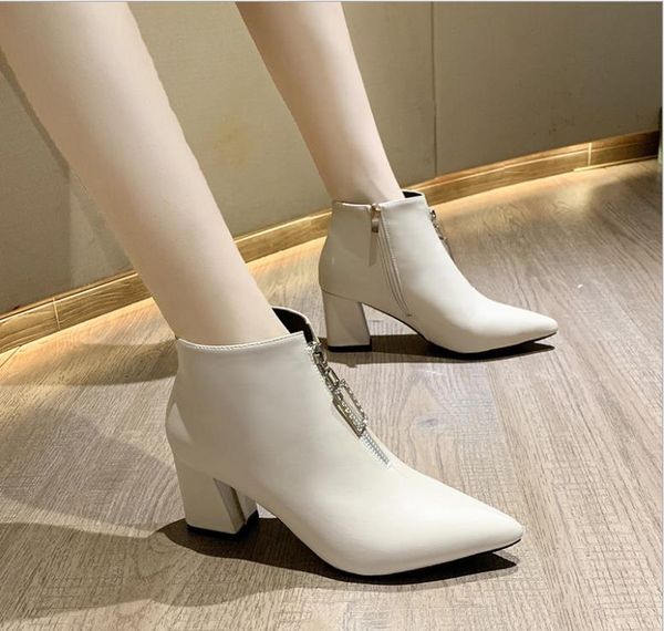 

autumn and winter women's shoes martin boots female 2019 european and american pointed rhinestones thick with front zipper, Black