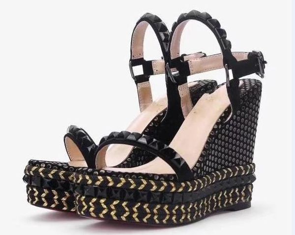 

women pyraclou 11cm wedges sandals shoes,striated pyramid studs,women slippers,women leather shoes,size 35-40,ing, Black