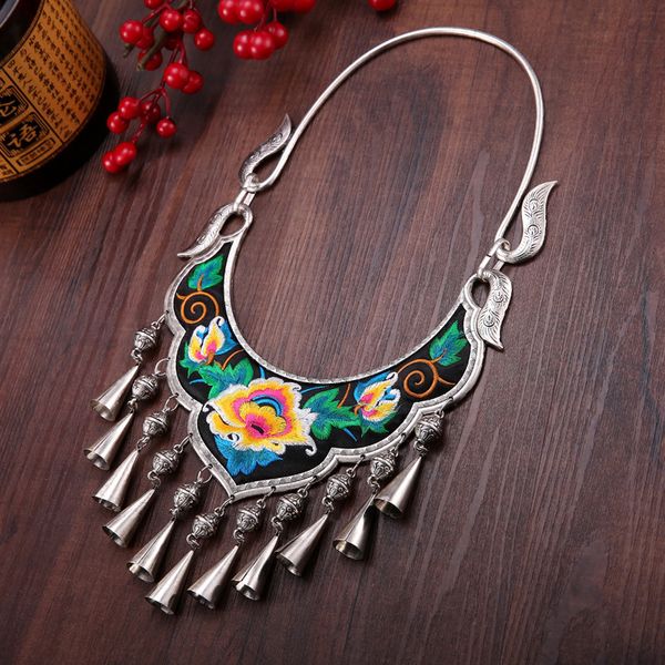

miao silver big collares etnicos retro grandes pendant bell big brand women's necklace minority female jewelry pusheen bijuteria