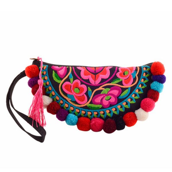 

new fashion embroidered national cute half moon bagsnice handmade flowers embroidery women small day clutches vintage carrier