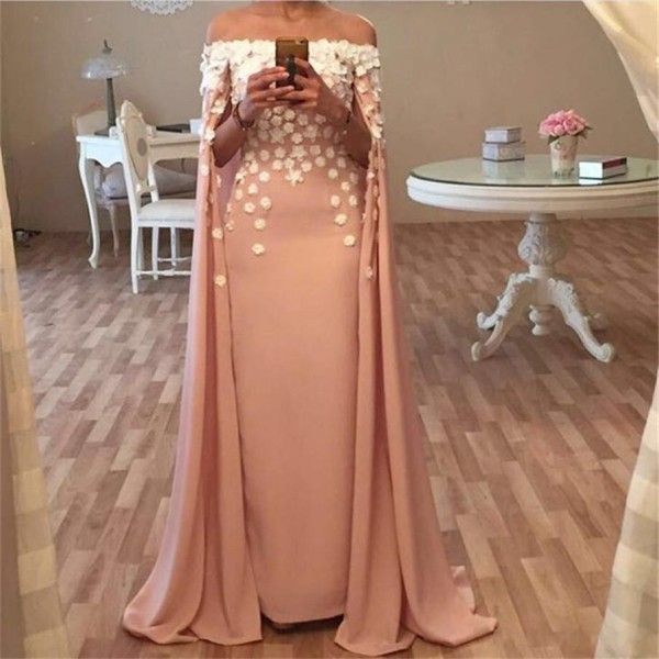 Herbst 2019 Wunderschöne Abendkleider im arabischen Stil, schulterfreier Ausschnitt, 3D-Blumenapplikationen, Chiffon, modische marokkanische Kaftankleider