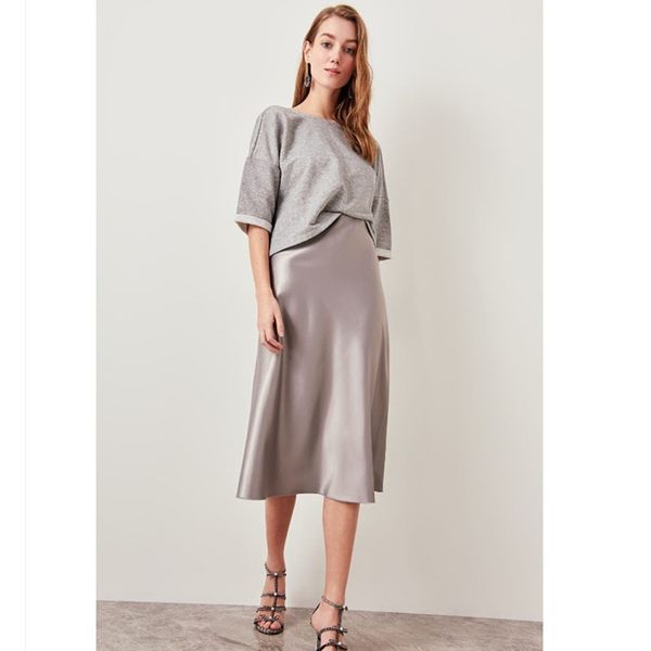 

vintage satin skirts women high waist zipper slim loose a-line women skirts female elegant skirts women streetwear, Black;gray