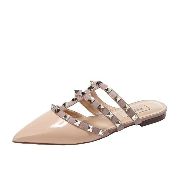 

classic fashion women rivets slippers genuine leather flat heel patent leather party dress shoes pointed toes fashion women shoes, Black