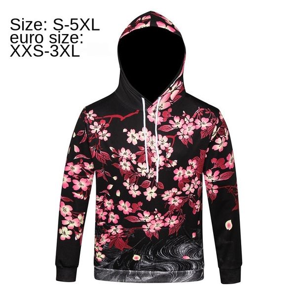 

мужской дизайнер 3d цветок с капюшоном цифровой печати толстовка свитер пара держит рыбу с длинным рукавом теплая одежда, Black