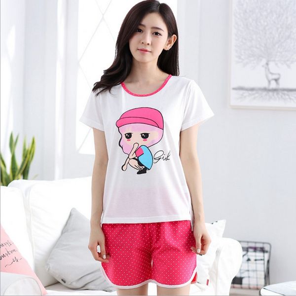 

2019 female shorts set 2 pieces cotton 100% short sleeves&bottoms o-collar loose size print stylish sweet women pajama set, Blue;gray