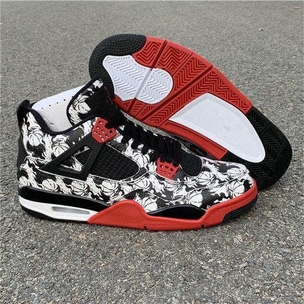 

designer men's basketball shoes 4 4s tattoo black white graffiti chinese ink painting men sports shoes sneakers us size 7-13, White;red