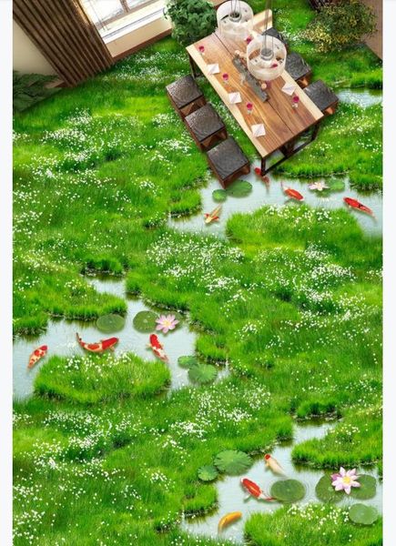 

custom 3d self-adhesive floor mural wallpaper interior decoration living room grass grass swamp lotus squid 3d waterproof floor painting