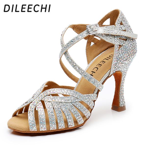 

dileechi shoes women shoes silver glitter rhinestone latin dance woman salas ballroom heel 9cm waltz software