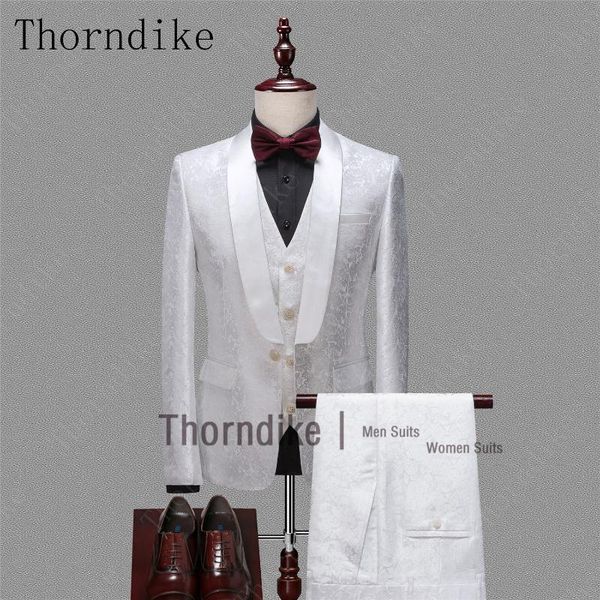 

thorndike new slim casual terno masculino 3 pieces suit men new design leaves pattern dress suits one button host stage tuxedo, White;black