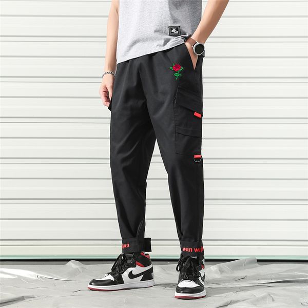 

loose fit elastic waist cargo pants street ankle banded pants rose embroidery casual fashion cargo, Black