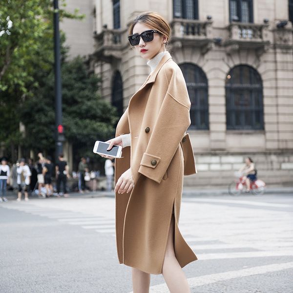 

long woolen blends cashmere coats for women 2019 autumn winter ladies jackets plus size overcoats beige double sided belt, Black